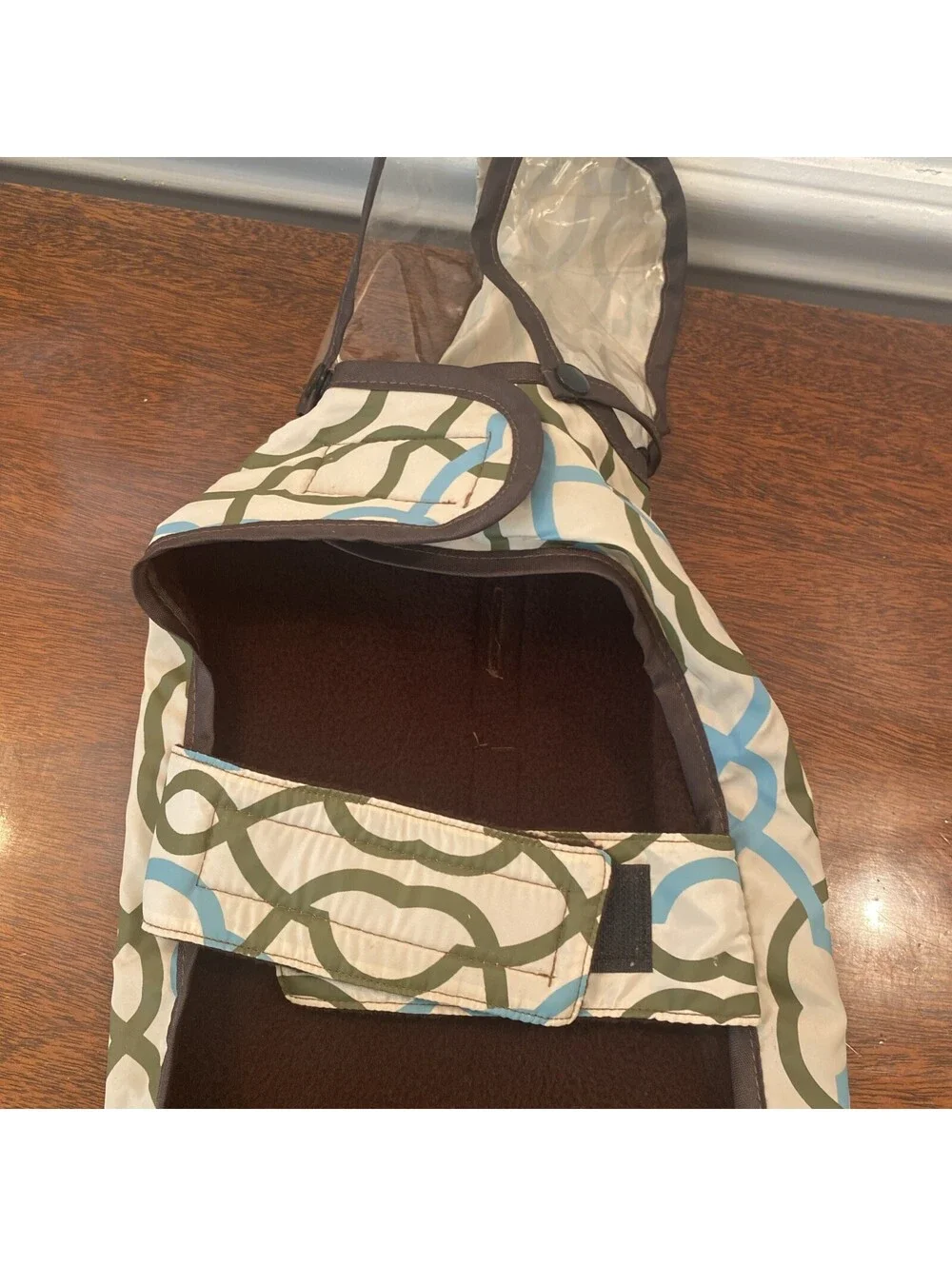 Little Dog Tan/Blue/Brown Raincoat With Protective Hood Size Small 11”